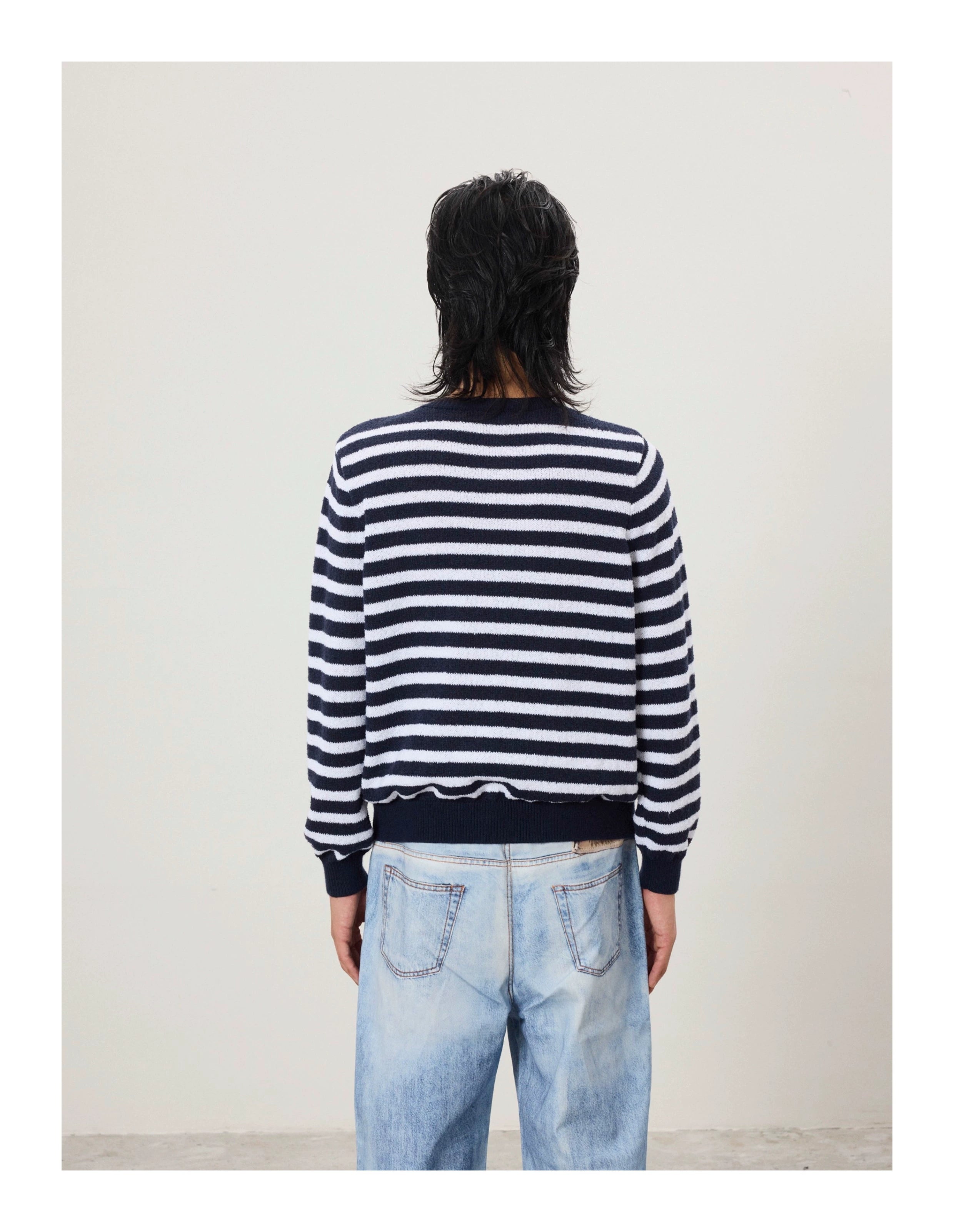 BTSG Lazy Wind Slack Striped Henry Neck Long Sleeve Knitted Sweater