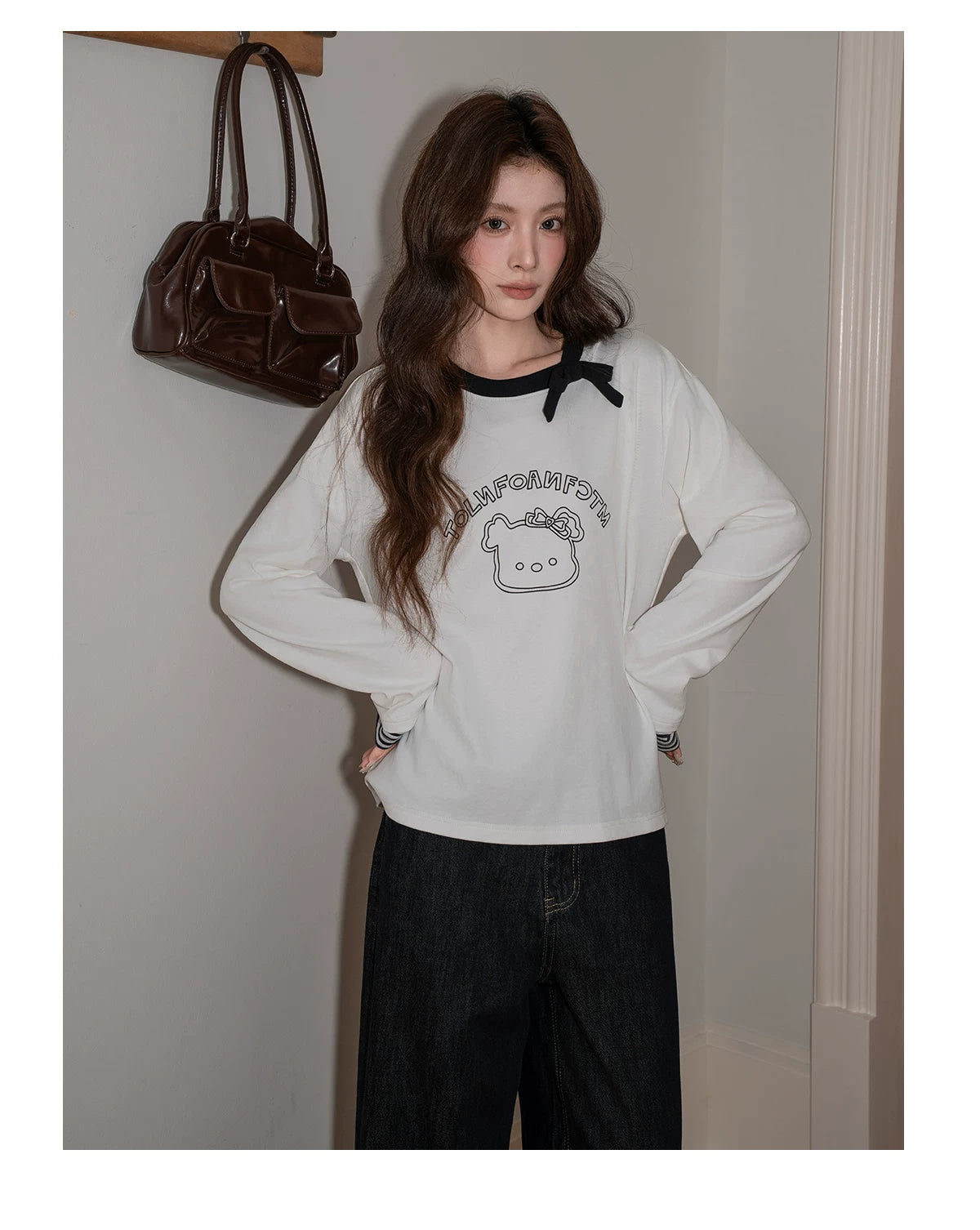 XUJING Bow Crew Neck Print Splicing Long Sleeve