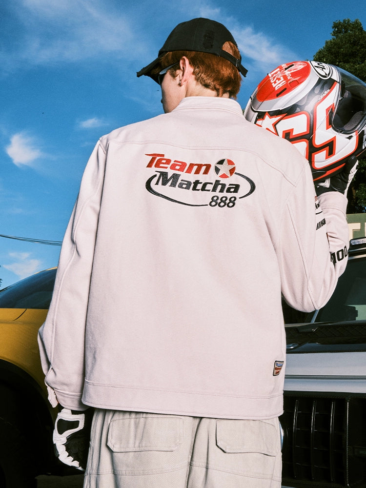 MATCHA STORY Motorcycle Racing Style Embroidered Stand-up Collar Jacket