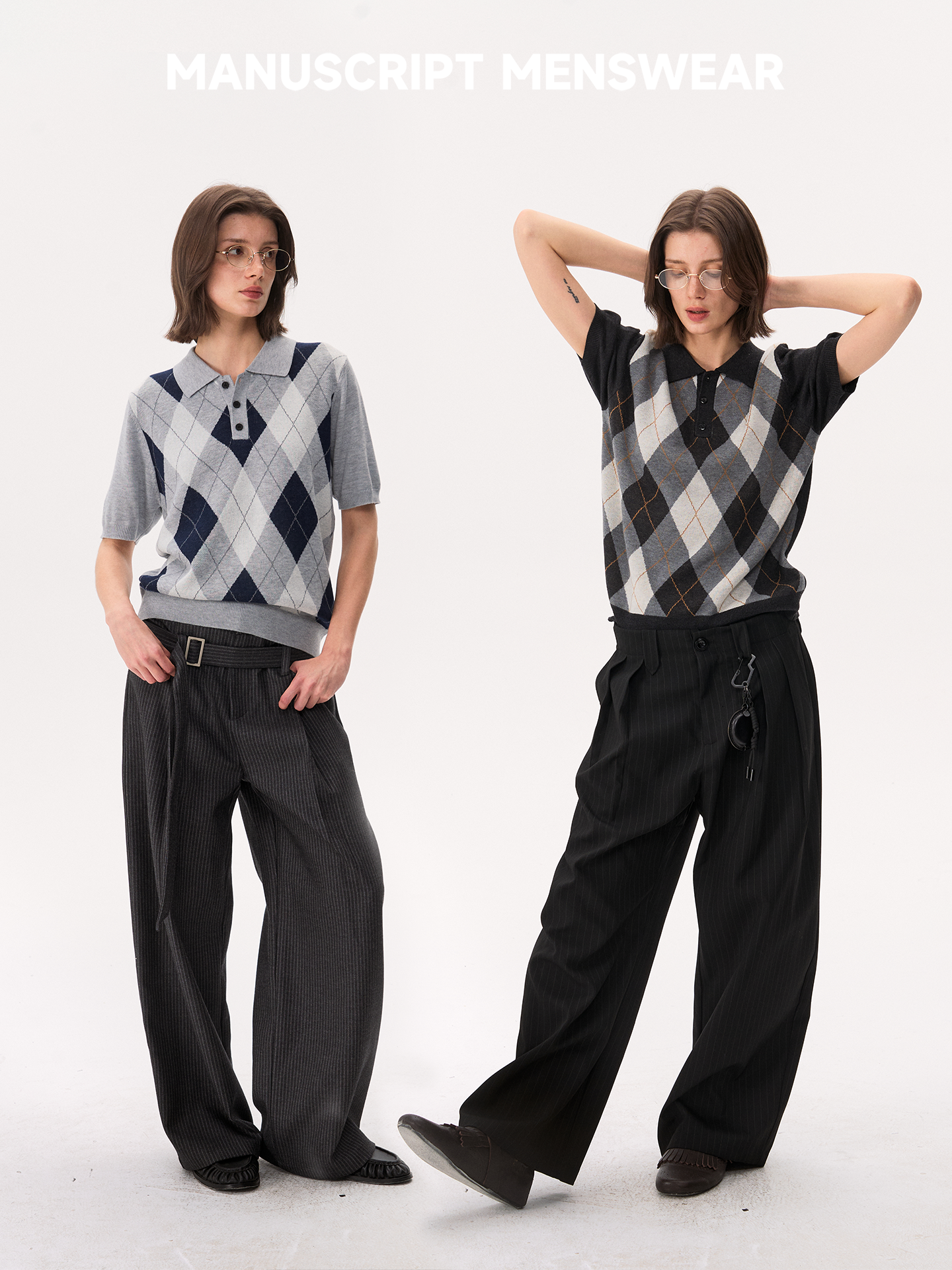 MANUSCRIPT Casual Front Shoulder Plaid Lapel Tee