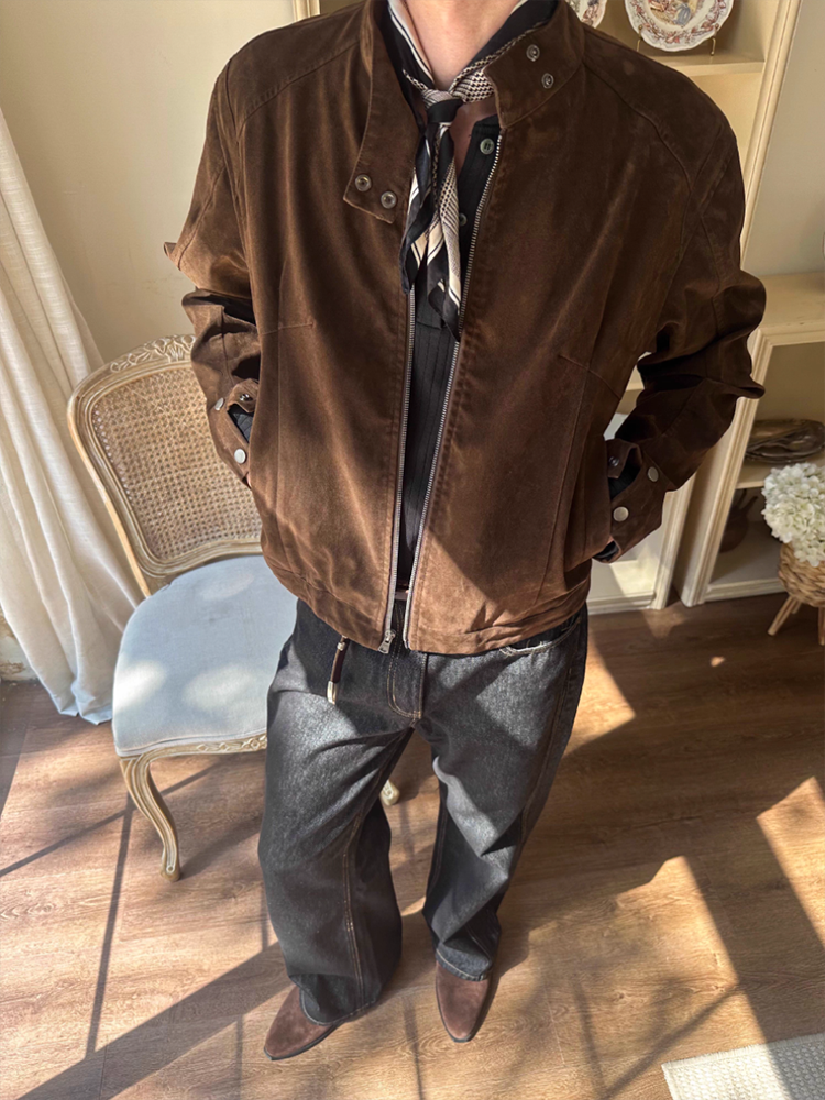 KONOOT Vintage Faux Suede Stand-Up Jacket