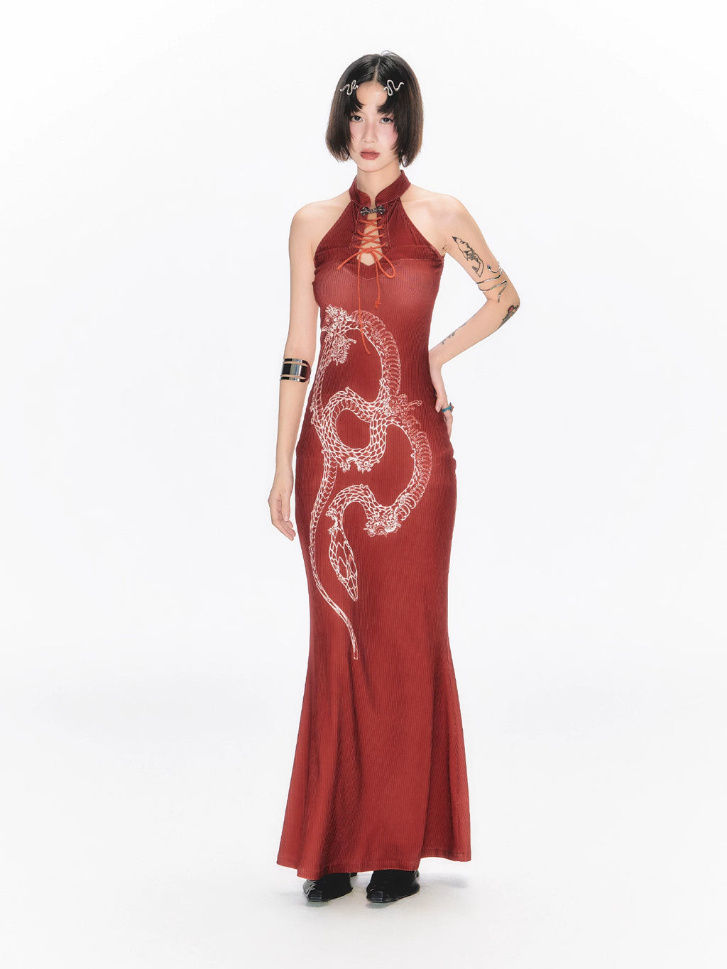 YEDM Butterfly Snake Print Cheongsam Dress