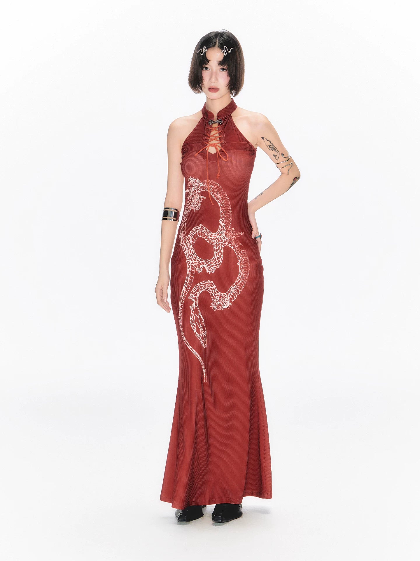 YEDM Butterfly Snake Print Cheongsam Dress