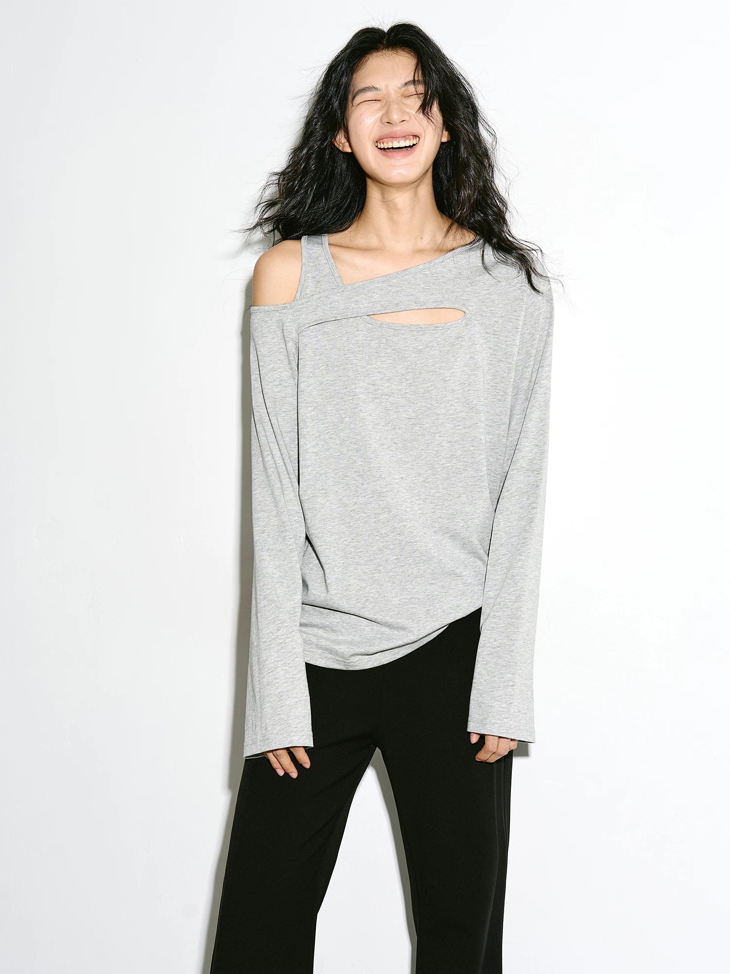 EIGHTHMONTH Slash Shoulder Hollow Loose Long Sleeve