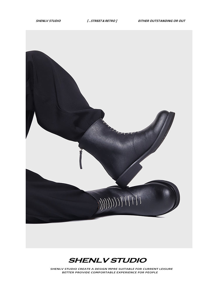 SHENLV StuIO Round Head Chelsea High-top Leather Shoes
