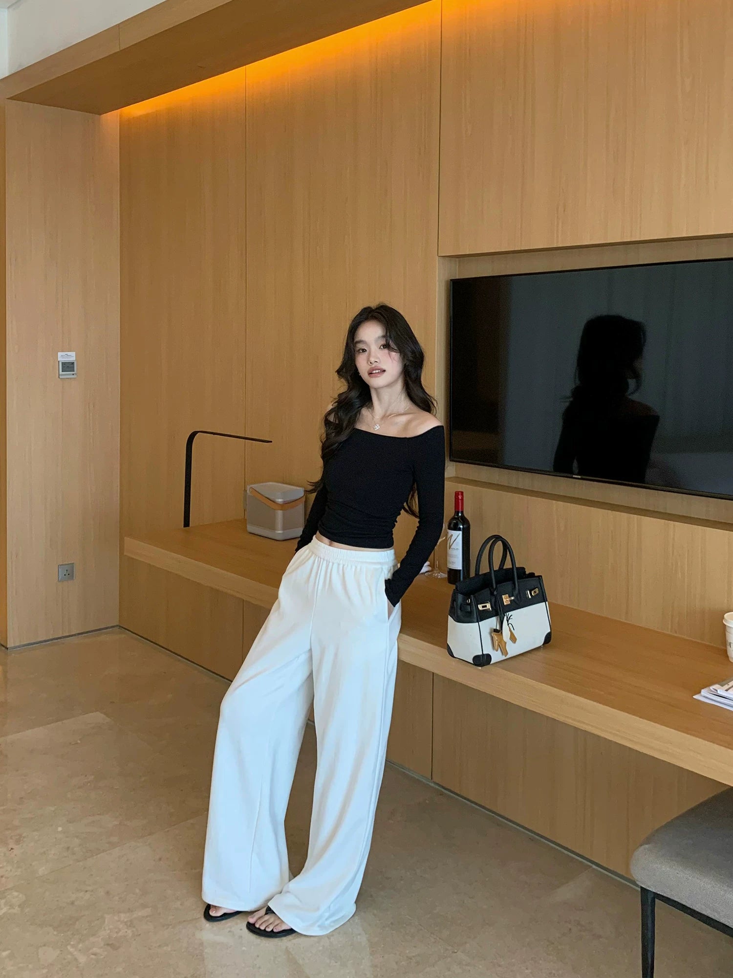 Pusumede Temperament Word Shoulder Slim Pleated Long Sleeves