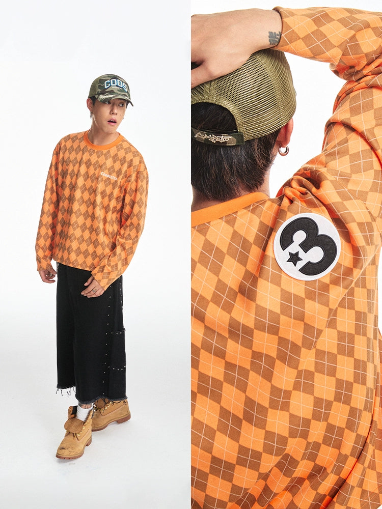 CoosRetro Vintage Rhombus Plaid Embroidery Casual Long Sleeve