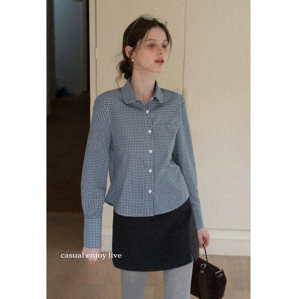 EGGKA Lapel Retro Plaid Pocket Long-sleeved Shirt