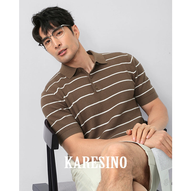KARESINO Breathable Lapel Striped Polo Knitted Sweater