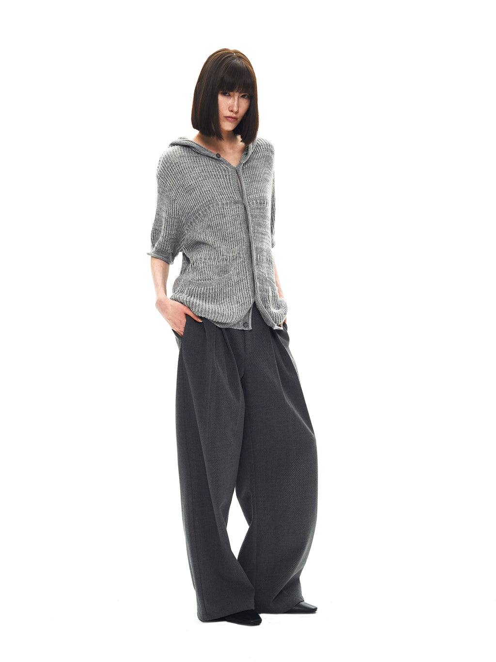 Slight Vogue Jacquard Hooded Wool Short Sleeve Cardigan