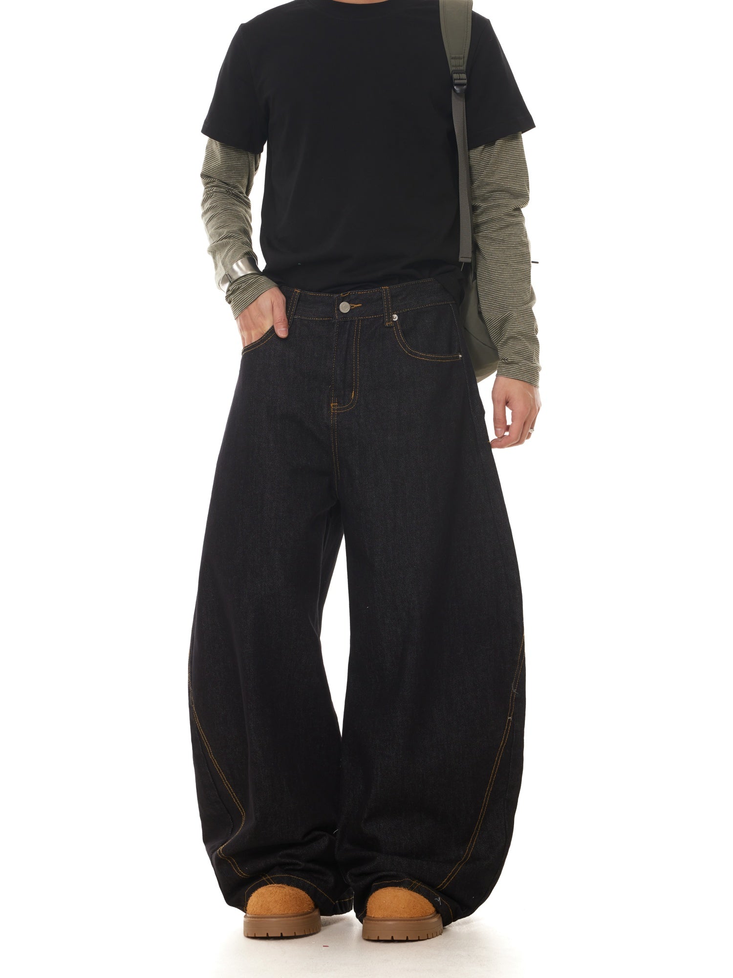 BTSG Guochao retro Japanese Raw denim black wide-leg scimitar jeans