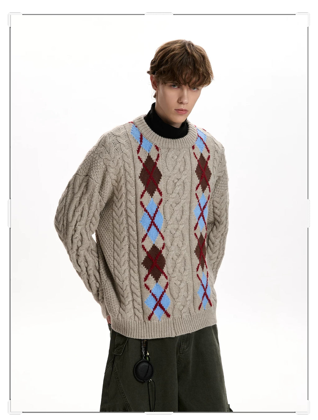 A PUEE Vintage Rhombus Checked Crew Neck Sweater