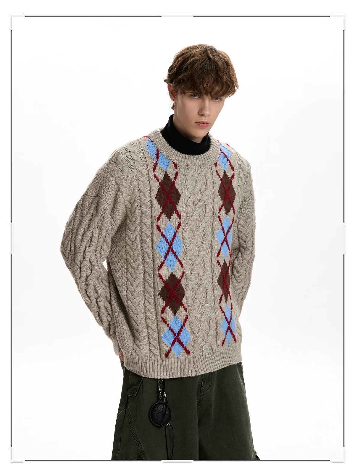 A PUEE Vintage Rhombus Checked Crew Neck Sweater