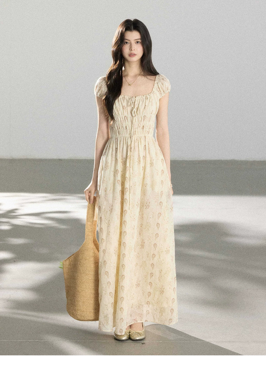 TYANG Retro Square Neck Drawstring Floral Dress