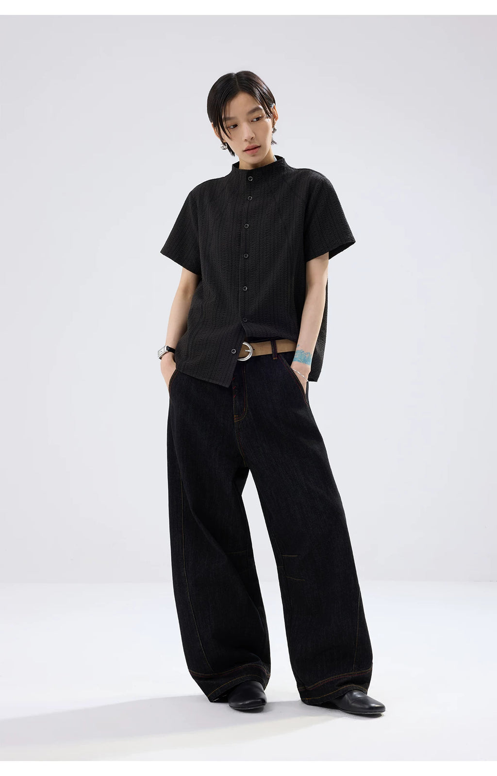 Sameuoo Small Stand-collar Striped Short-sleeve Shirt