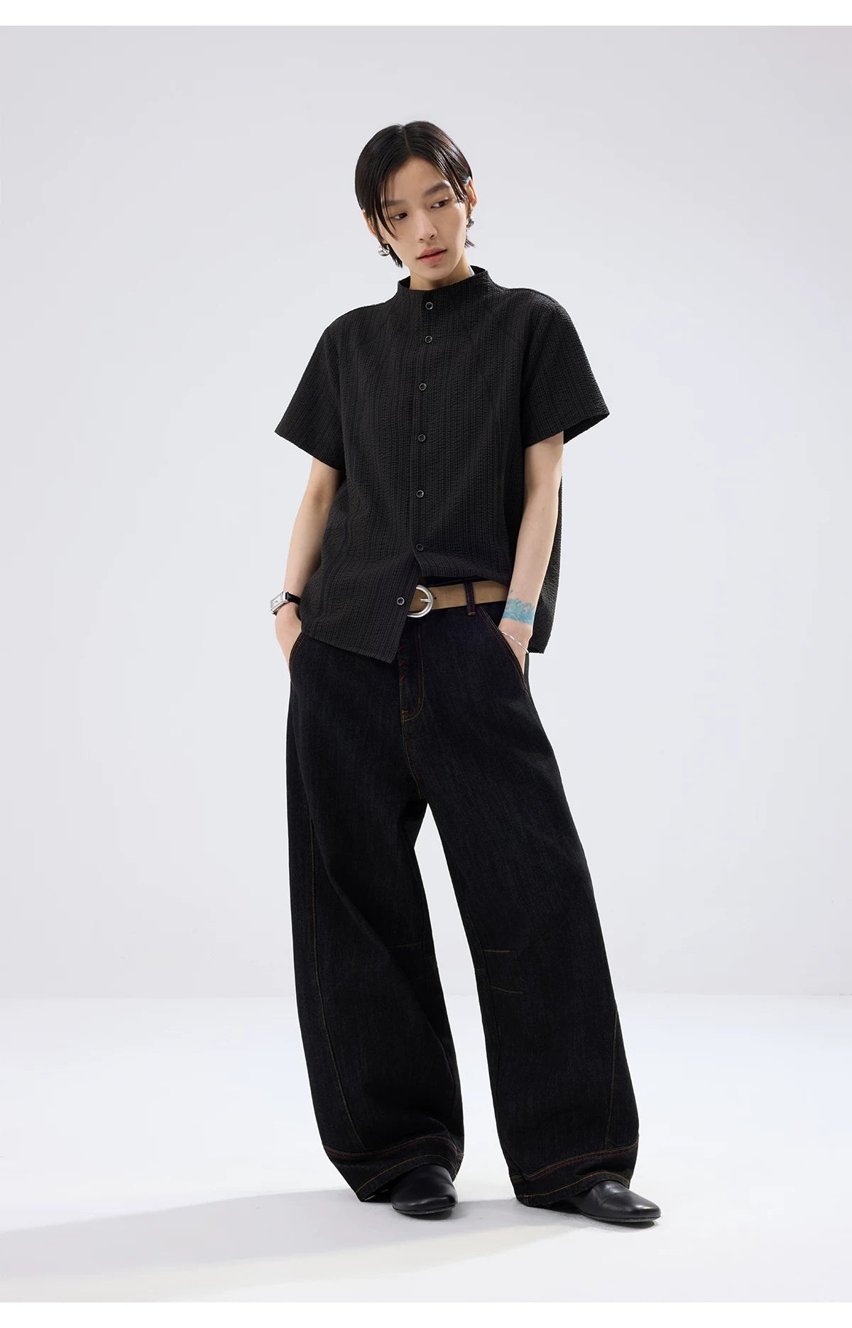 Sameuoo Small Stand-collar Striped Short-sleeve Shirt