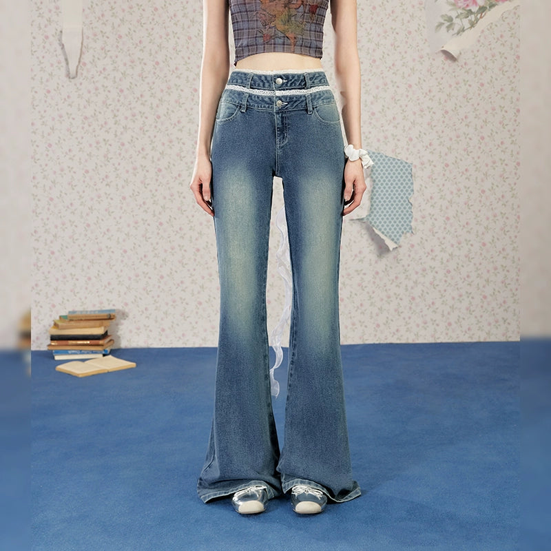 UNIFREE Double Waist Lace Stitching Slim Fit Jeans