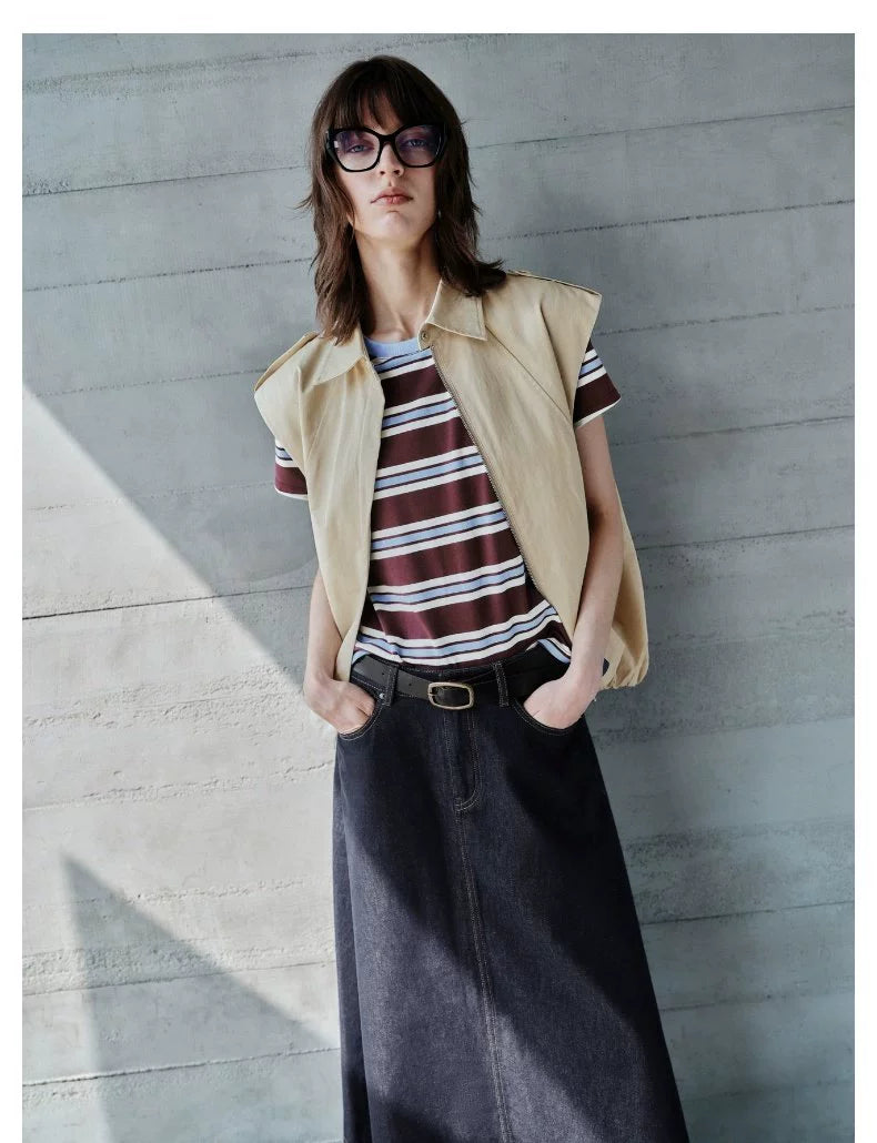 URBAN REVIVO Casual Contrasting Striped Crew Neck Tee