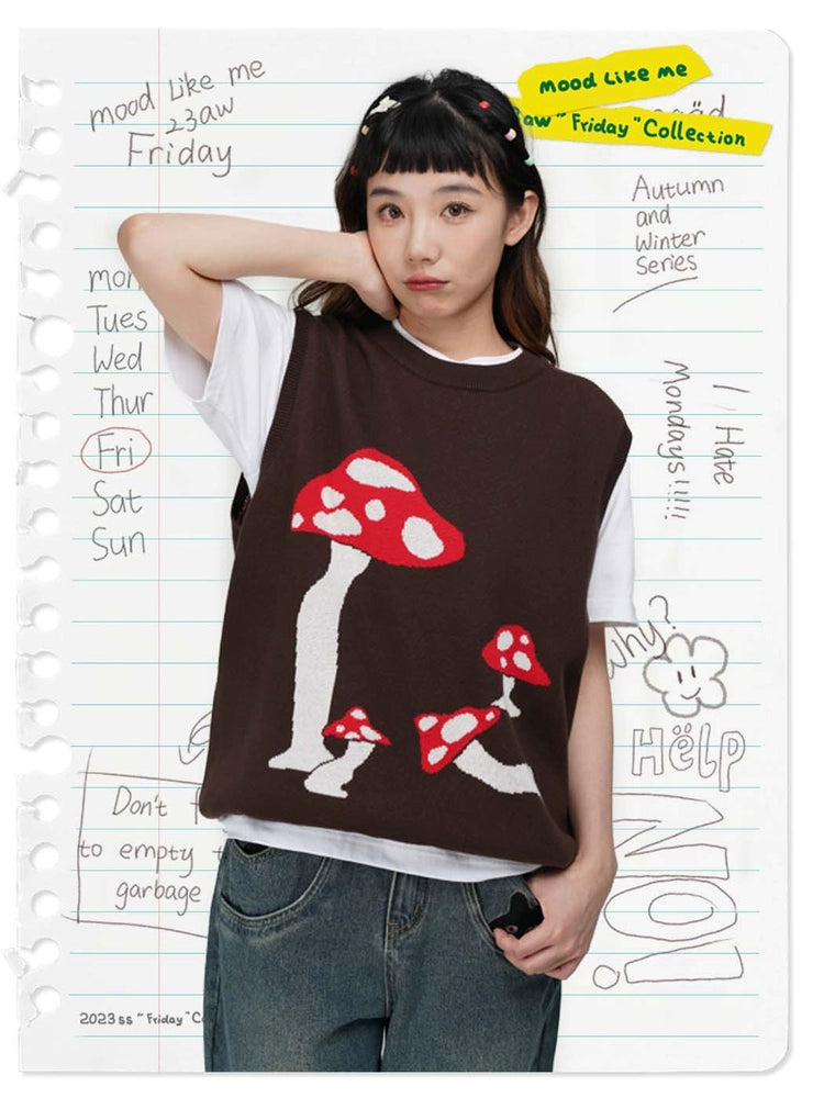 MoodLikeMe Mushroom Jacquard Fun Knitted Pullover Vest
