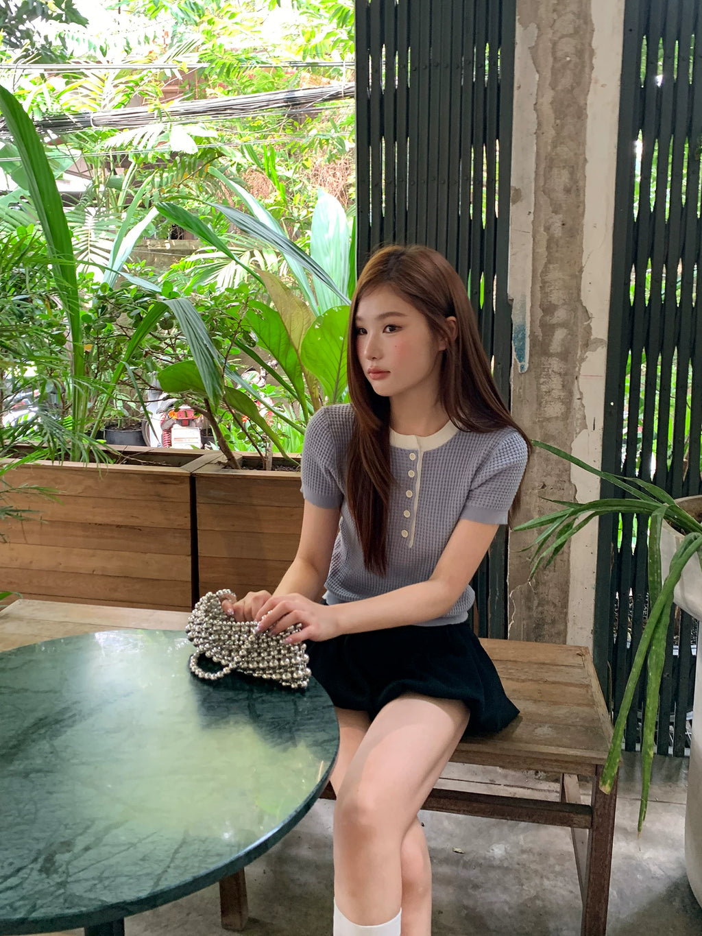 KANO Contrasting Color Round Neck Semi-open Short-sleeved Knitted Sweater