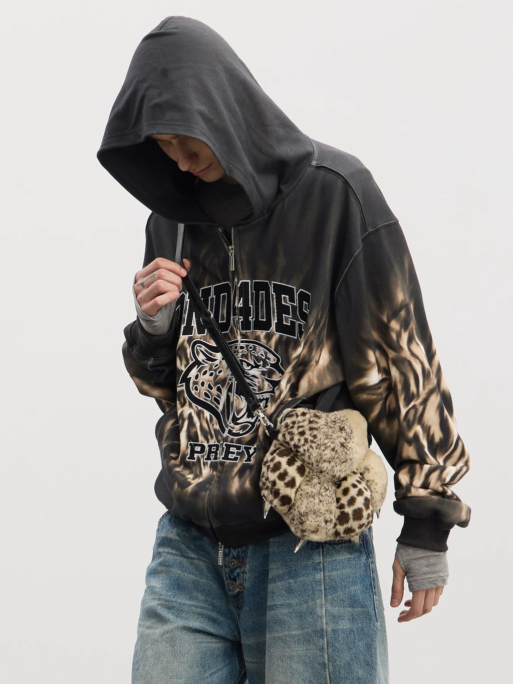 DND4DES   Plush Leopard Print Bear Claw Bag Genuine Leather Messenger Bag