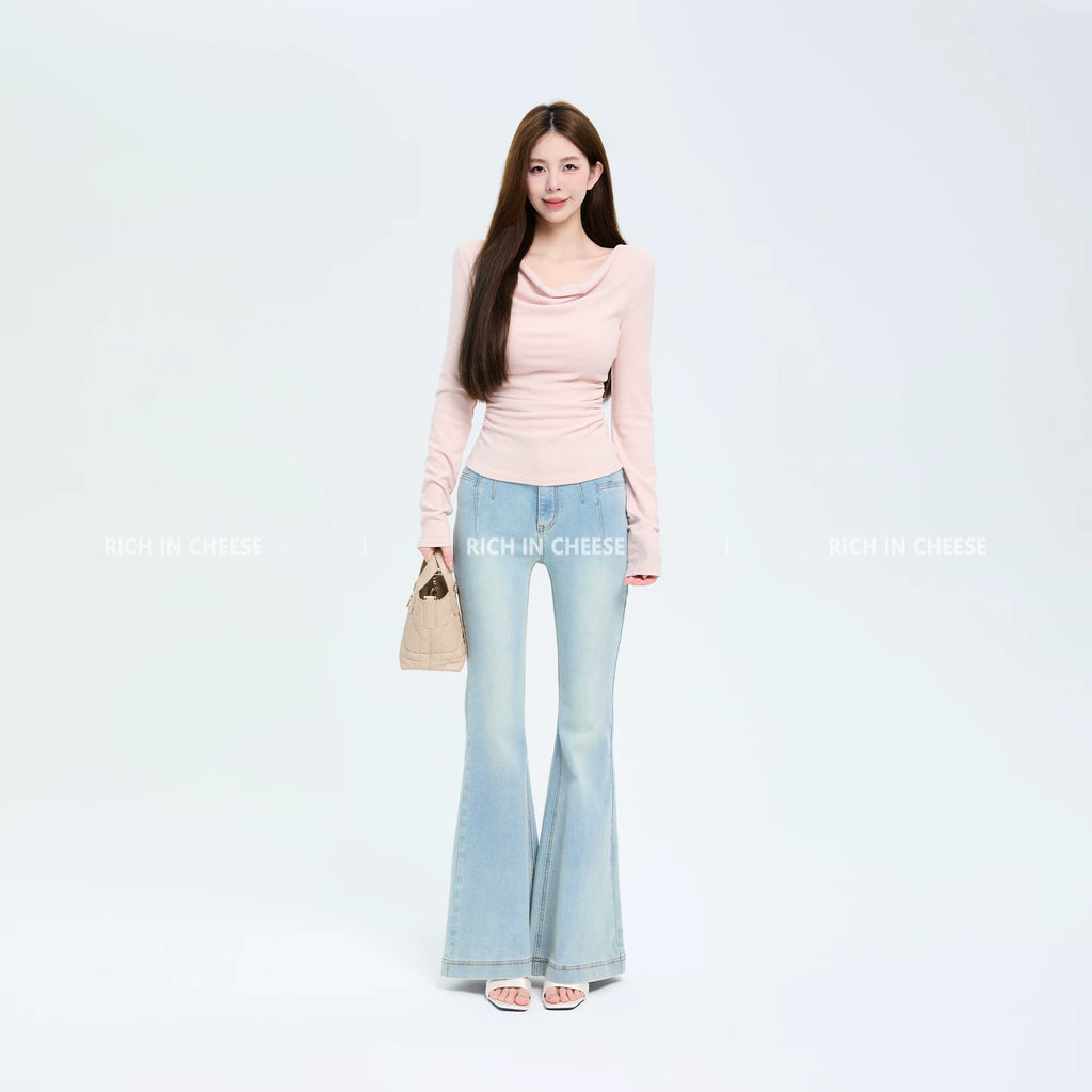 RICH IN CHEESE Swing Neck Knitted Waist Pleated Long Sleeves