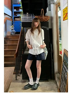 KANO Waist Drawstring Strap Lace Short Sleeve Shirt