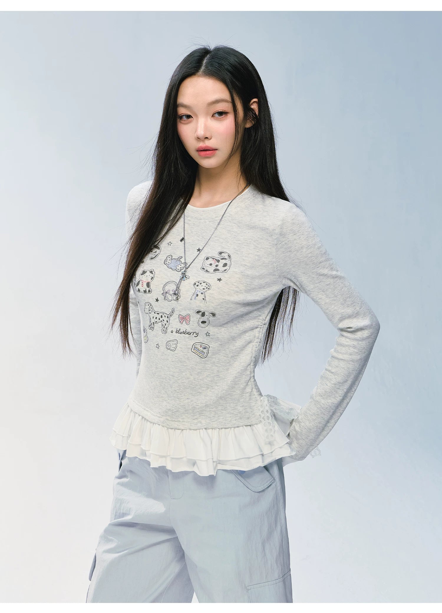 Ablueberry Animal Embroidered Lotus Leaf Hem Casual Long Sleeves