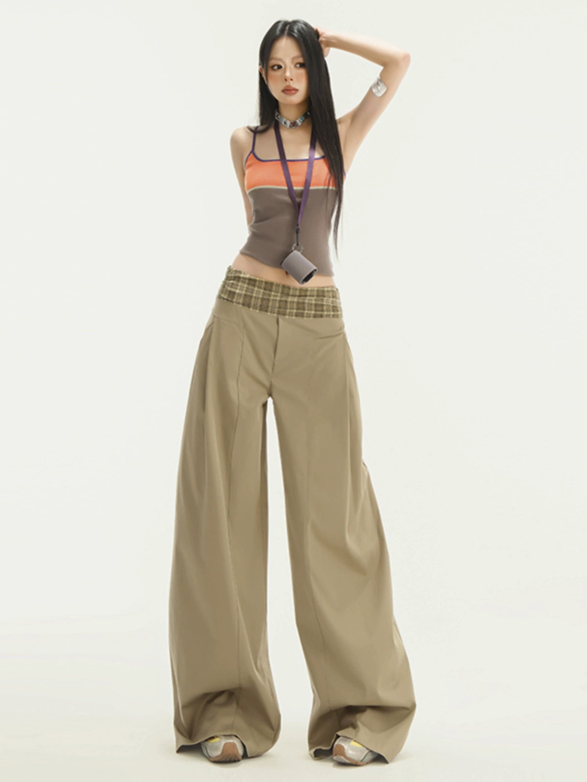 KPSR Splicing Checked Casual Loose Wide-leg Pants