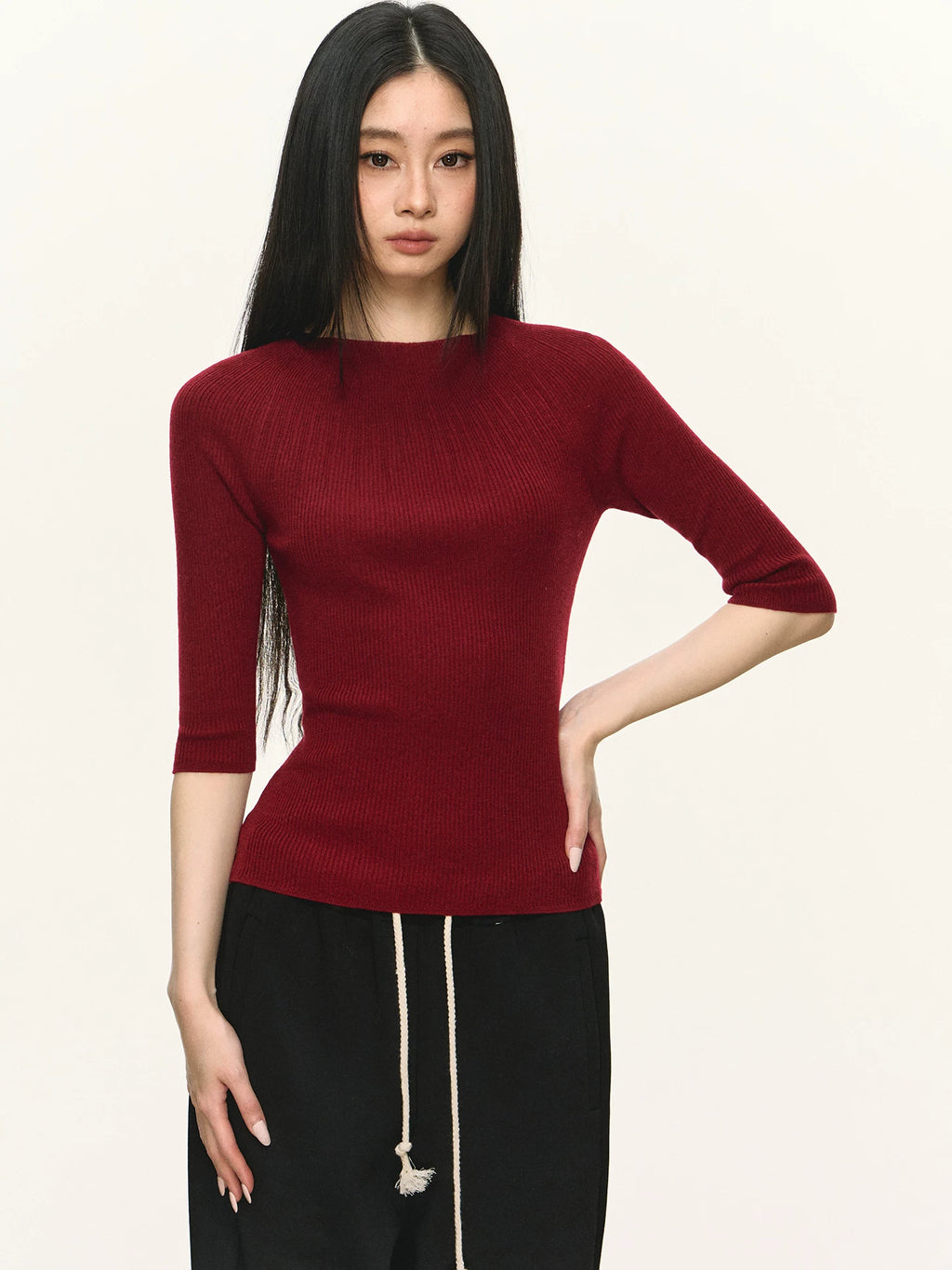 Anna Aneae Casual Slim Knit Mid-sleeve Tee