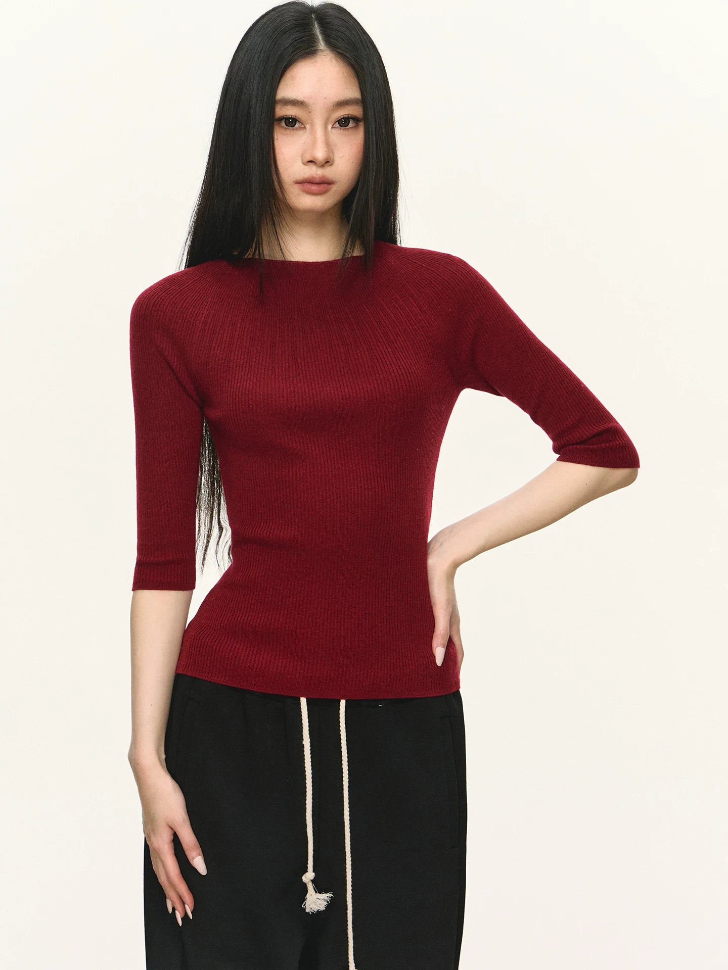 Anna Aneae Casual Slim Knit Mid-sleeve Tee