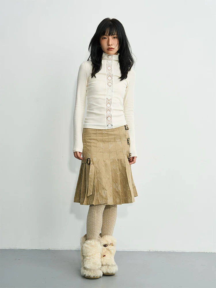 Enteralt Double Pin Buckle Medium High Waist Versatile Pleated Skirt