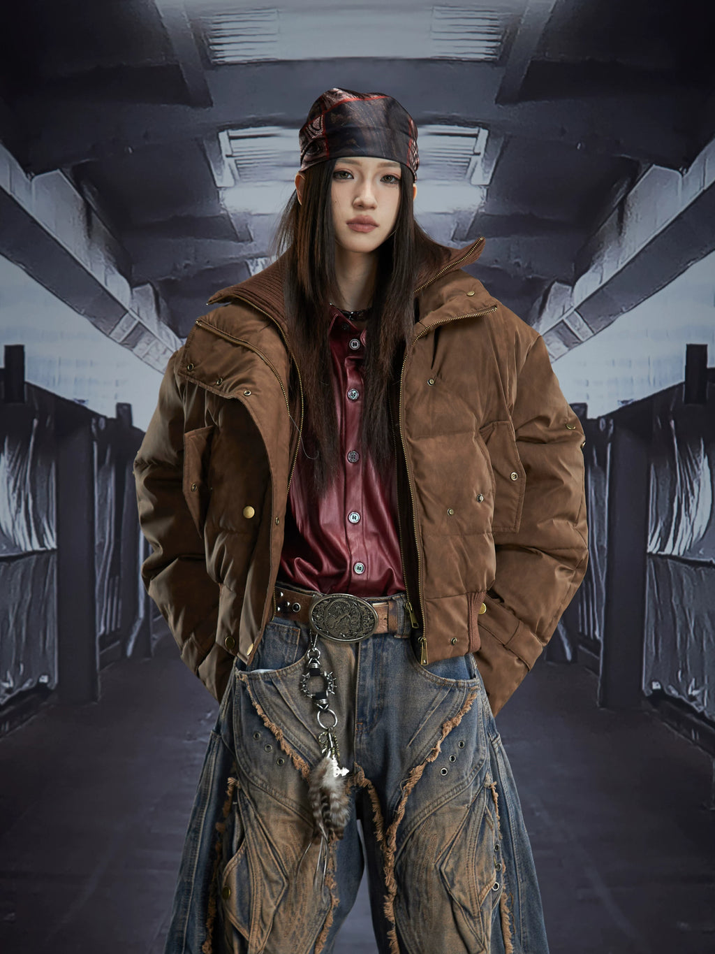 NOMANIAI Overweight Work Double Neck PU Leather Zipper Button Cotton Jacket