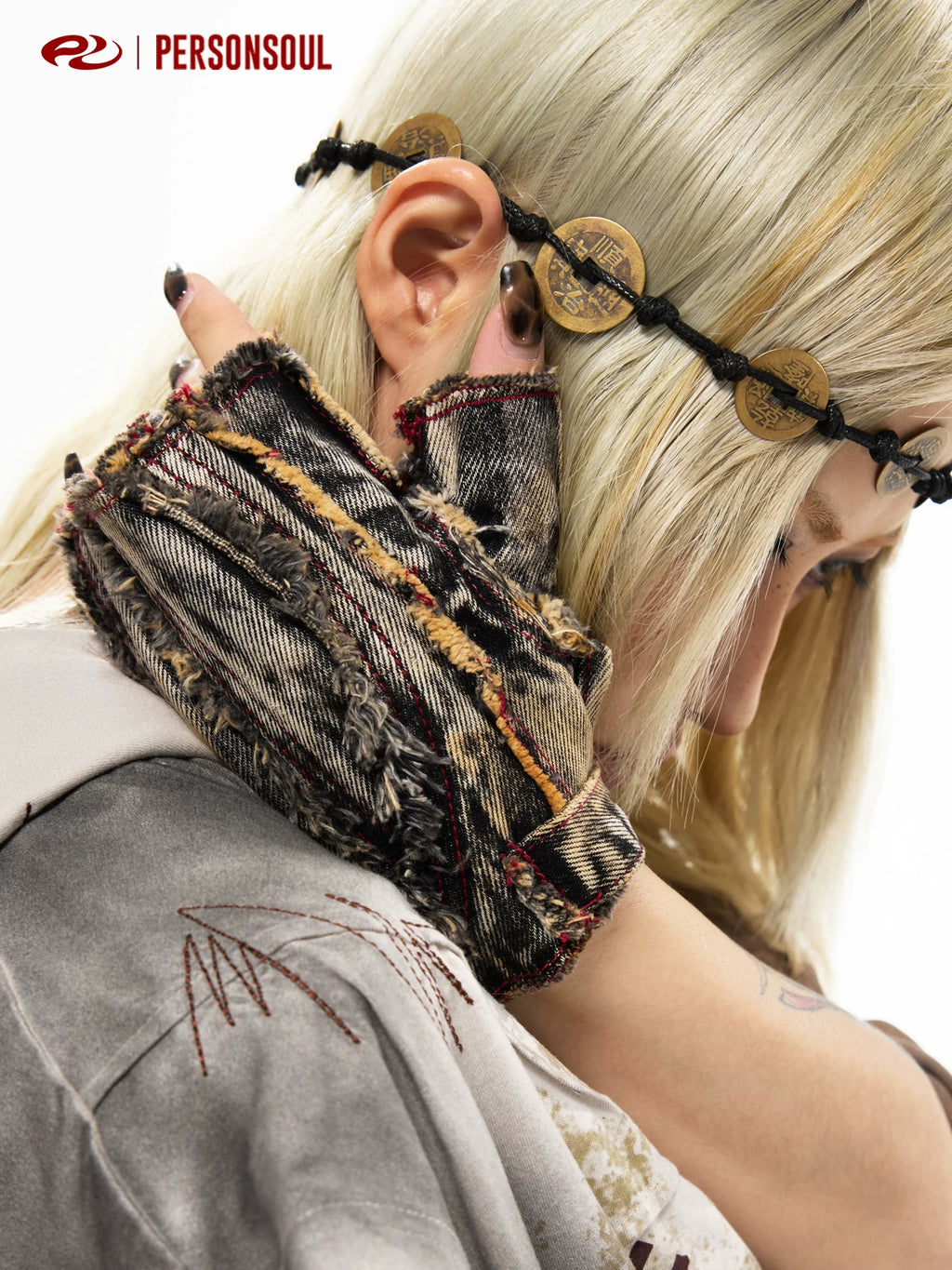 PERSONSOUL Denim Fingerless Gloves