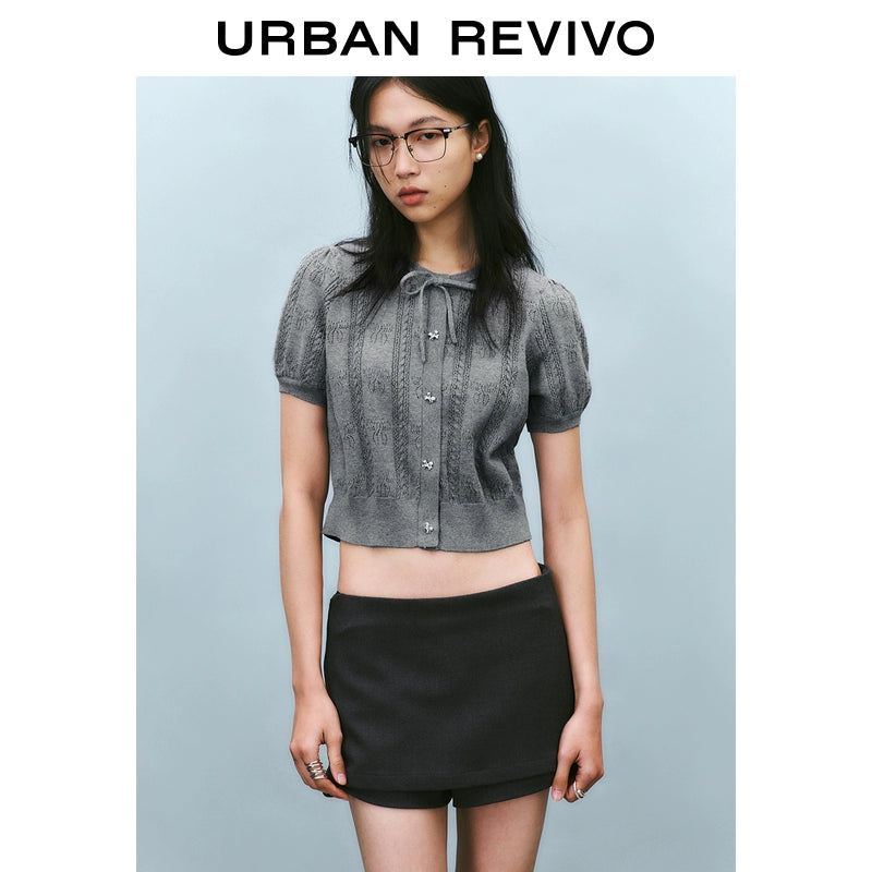 URBAN REVIVO Bow Texture Lace-up Short-sleeved Knitted Sweater