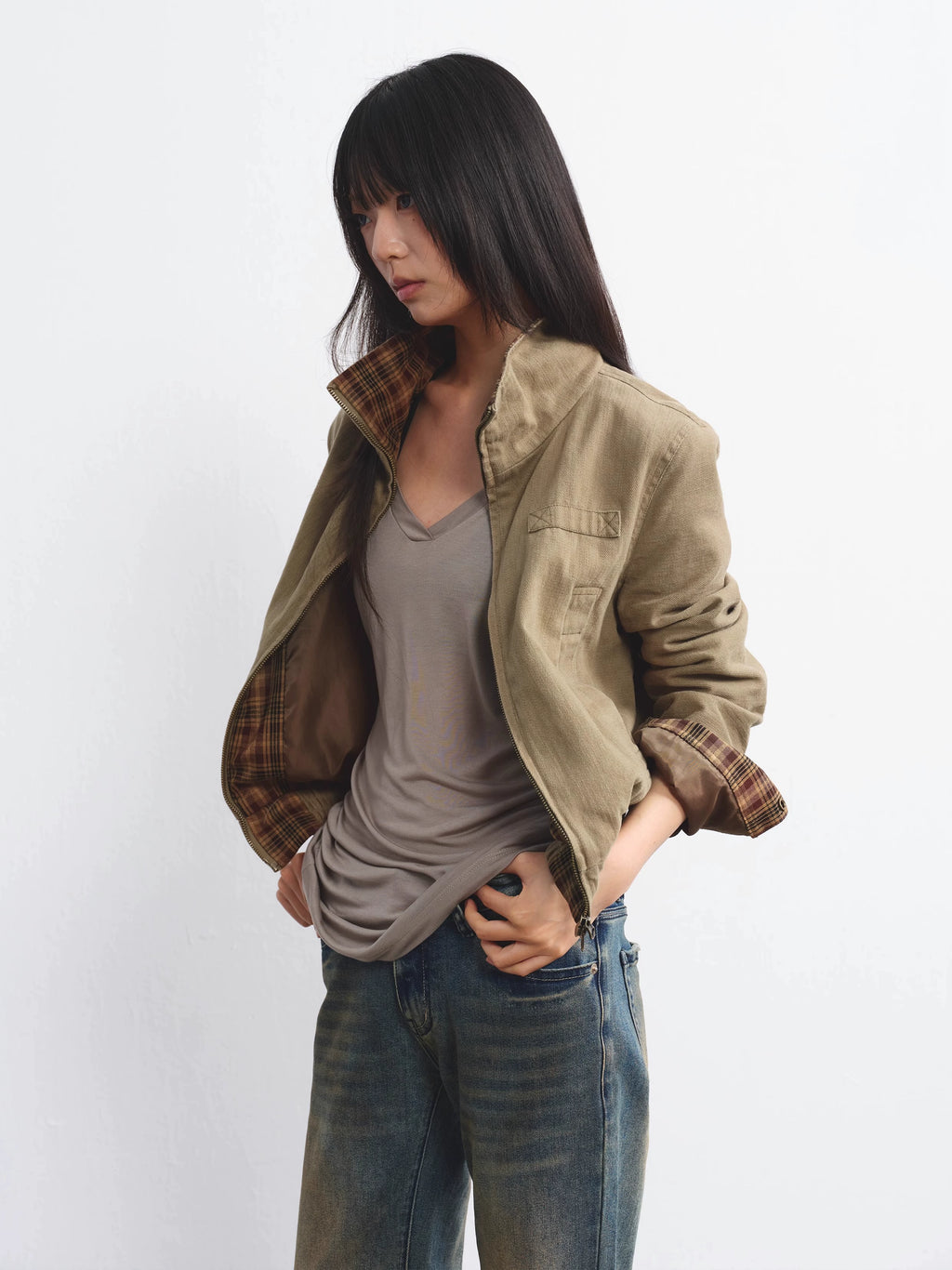 LINY LIBERTY  Vintage Plaid Lapel Flight Jacket