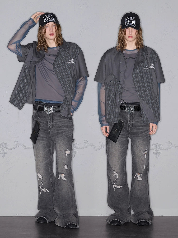 Rocawear Splicing Embroidered Slant Placket Loose Vintage Shirt