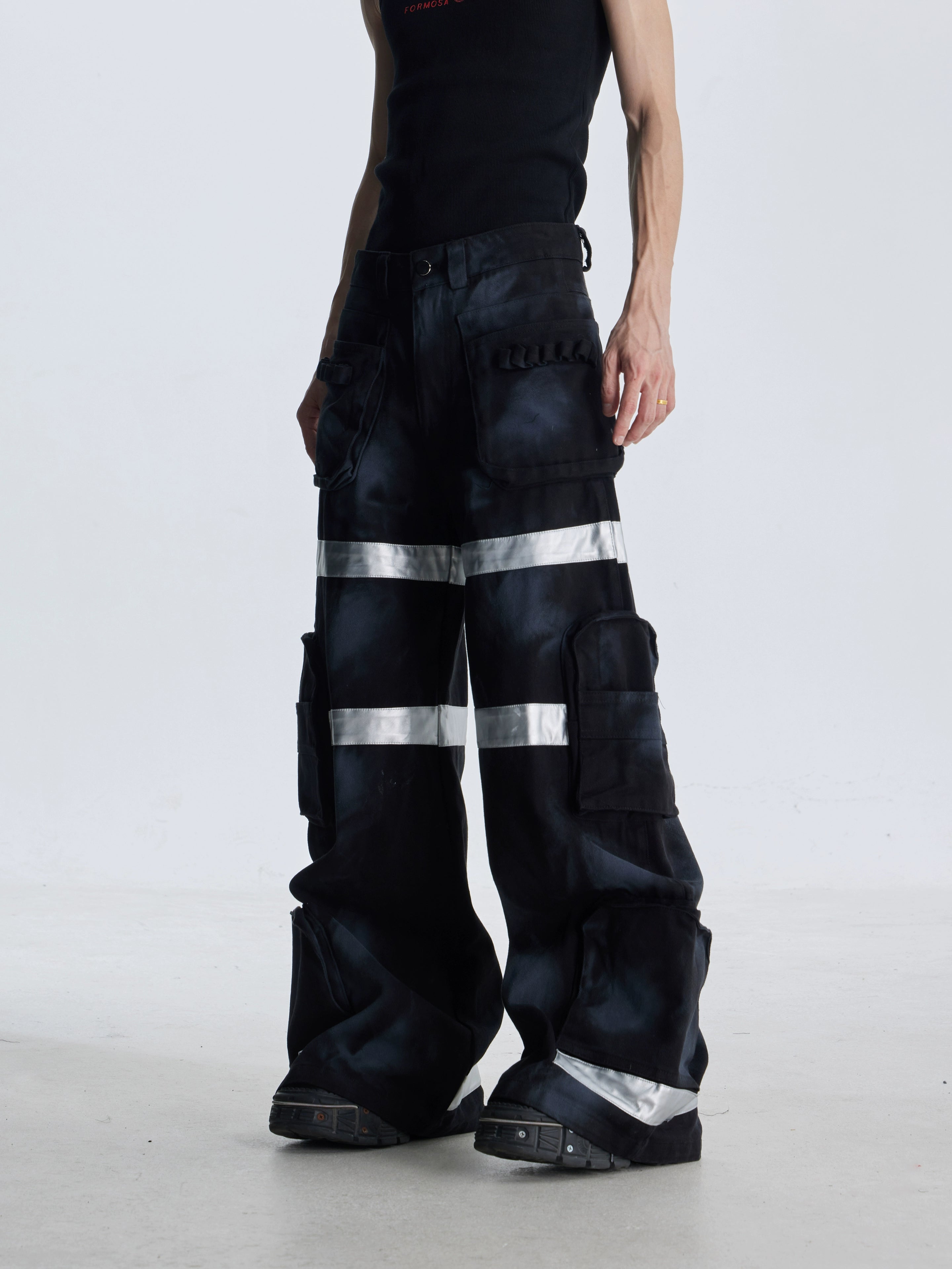 NOMANIAI Dirty-dyed Multi-pocket Workwear Wide-leg Jeans