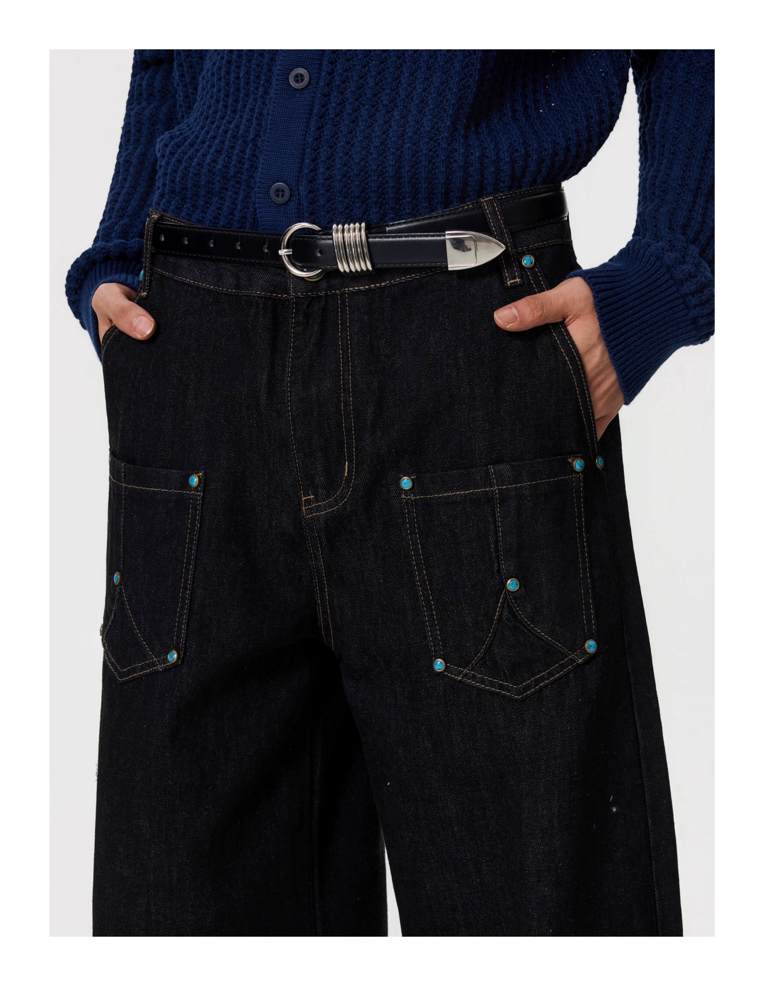 BTSG Vintage Stitching Turquoise Crash Nailed Jeans