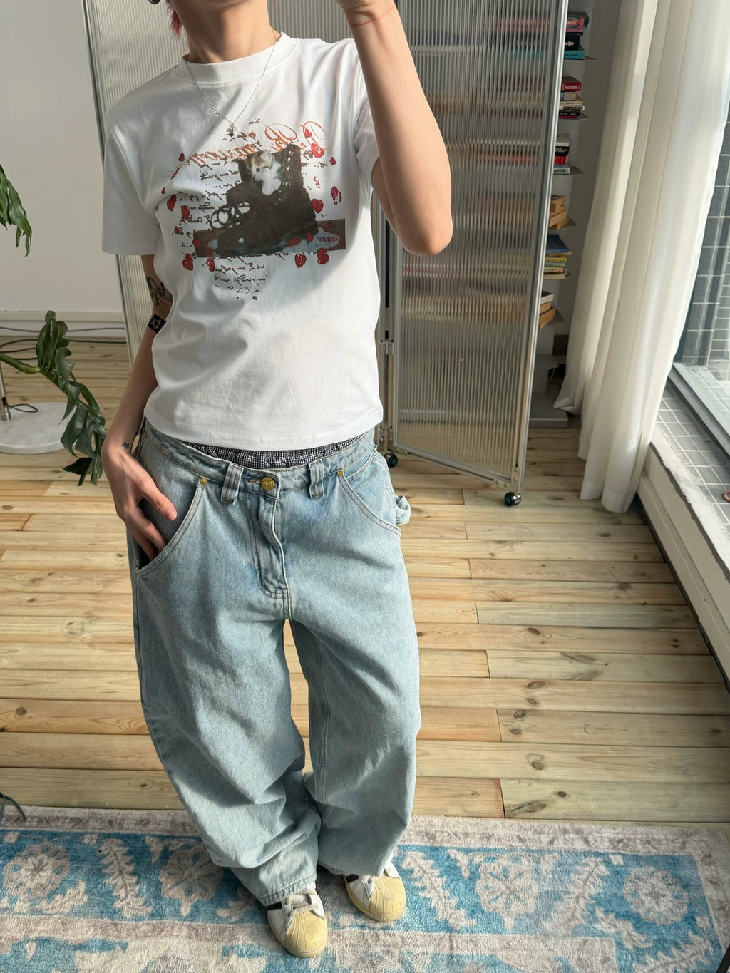 MMBBT Cartoon Kitten Print Front Shoulder Tee