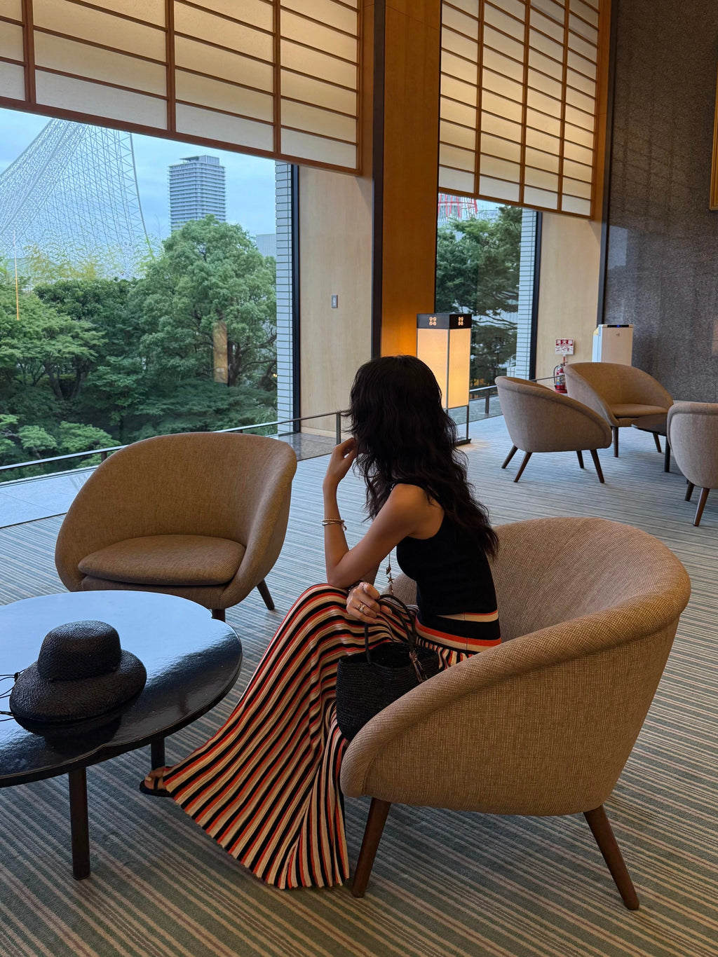 1S Retro Vertical Striped Suspender Skirt Long