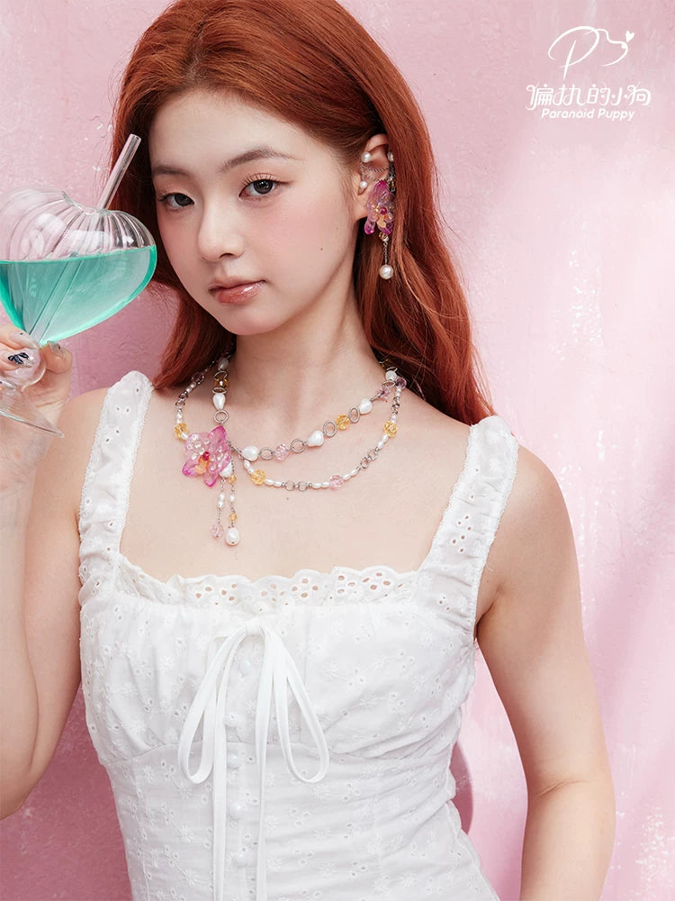 PP Phalaenopsis Flower Pearl Fringed Double Necklace