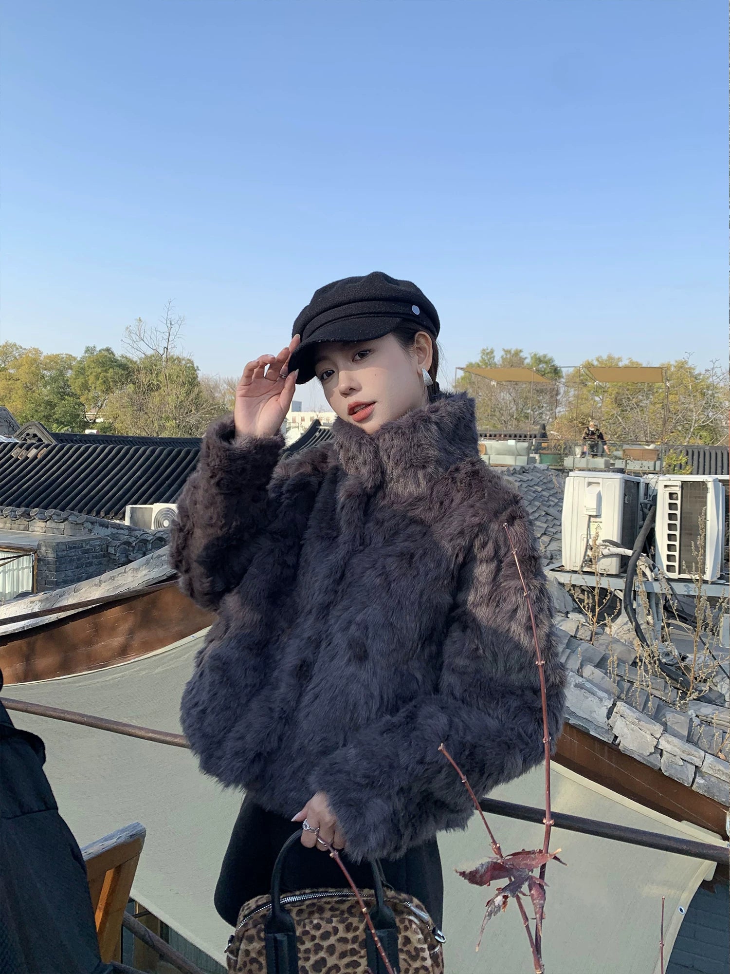 Pusumede Stand-up Collar Warm Short Fluffy Jacket