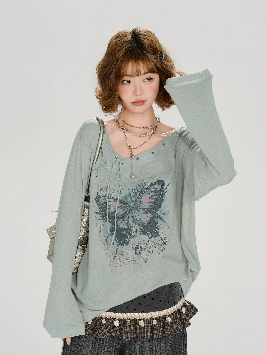 Girlyhalo Vintage V-neck Slim Loose Tee