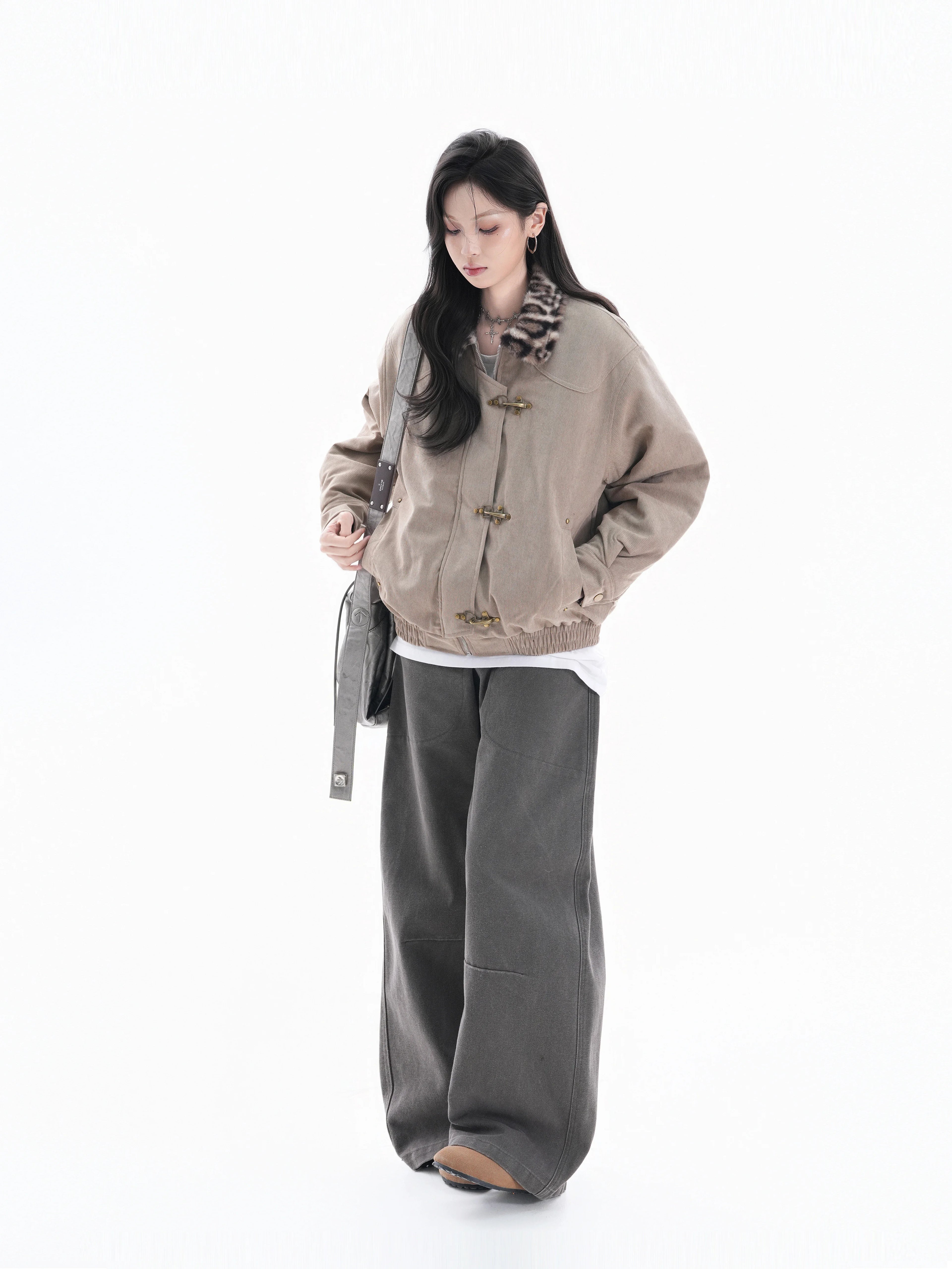 Zuocisankon Vintage Leopard Print Fur Collar Jacket