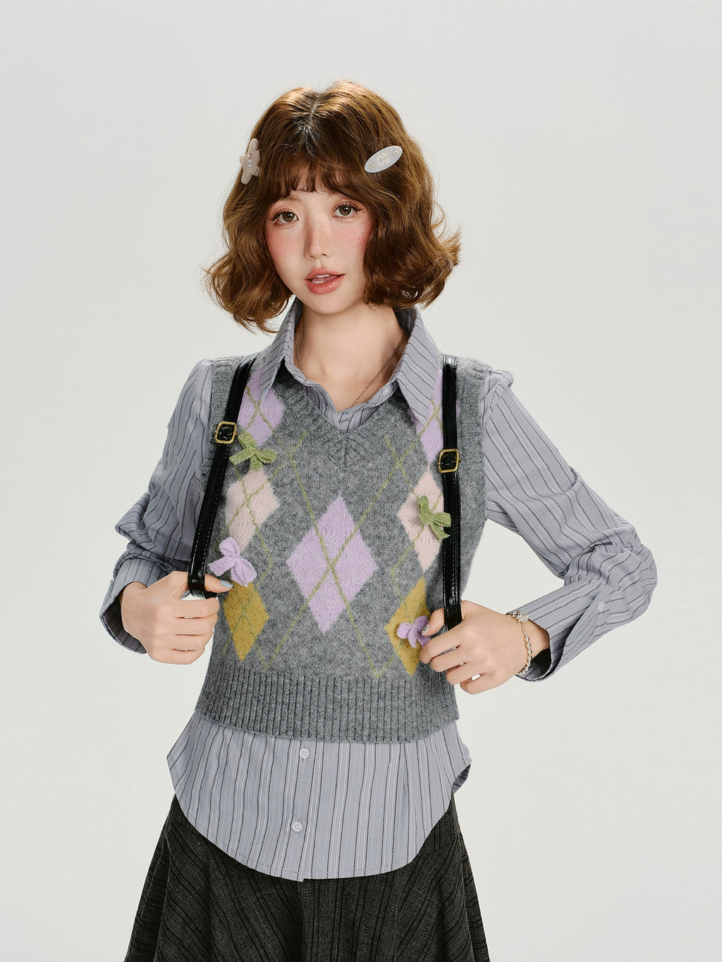 Girlyhalo Vintage Rhombus Bow V-Neck Vest