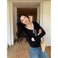 Pusumede Fake Two-piece Lace V-neck Knitted Slim-fit Long Sleeves