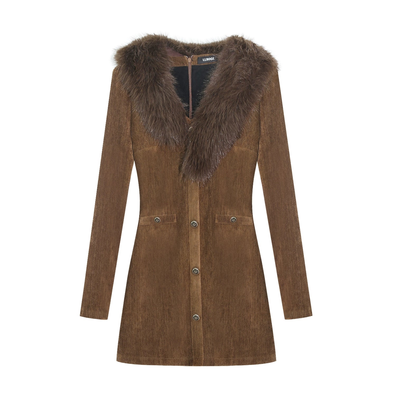 LLROGE Slim Temperament V-neck Fur Collar Dress