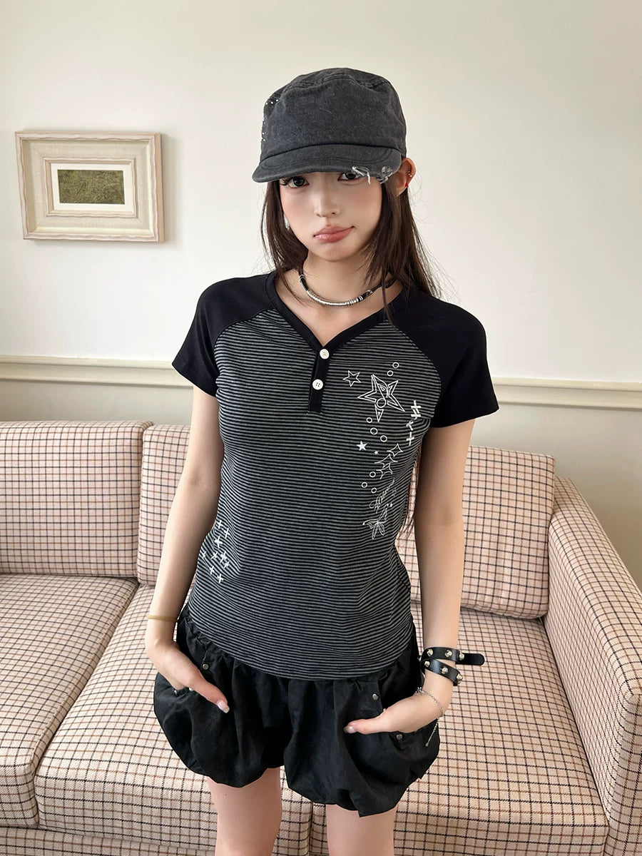 404MOB Henry Collar Color Matching Striped Tee
