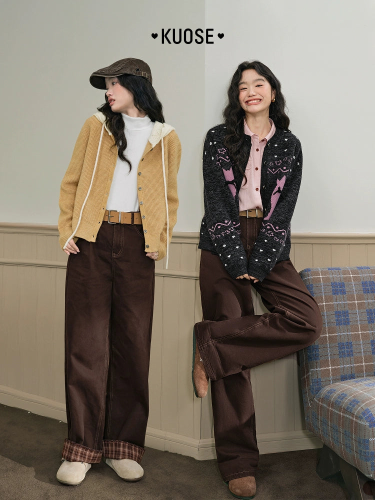 Kuose Striped Lace Casual Straight Jeans